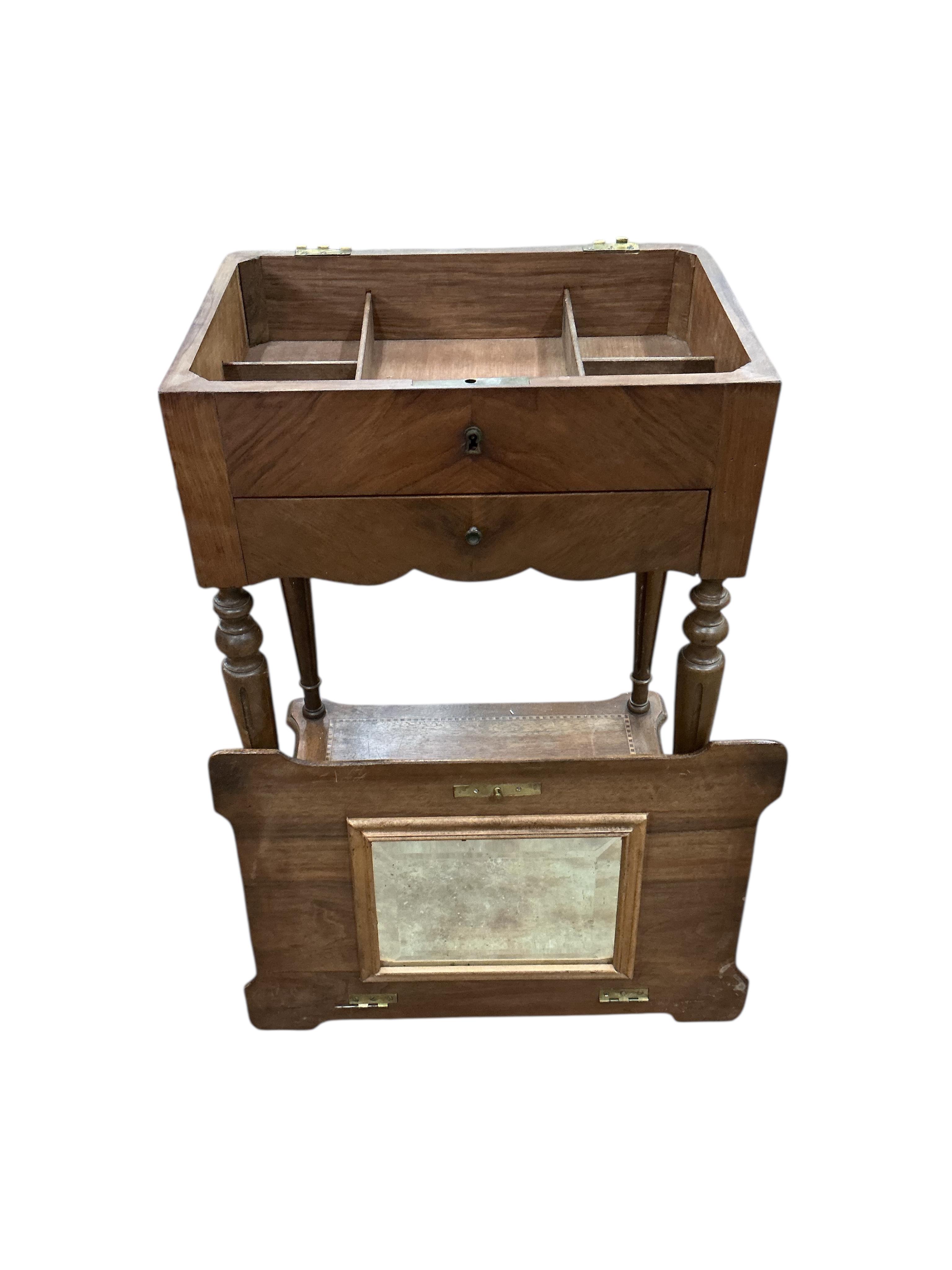An early 20th century French marquetry inlaid walnut work table, width 52cm, depth 36cm, height 72cm